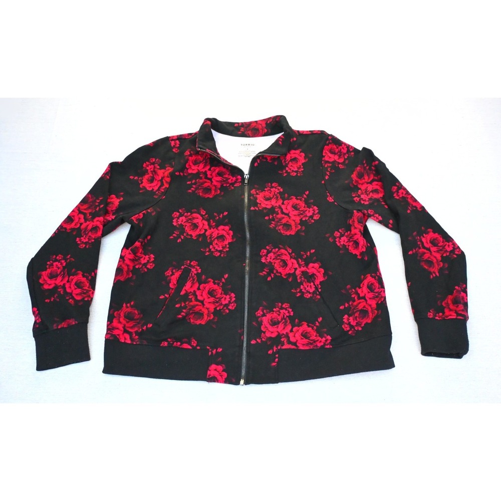 Torrid Active Womens 1 Black Red Rose Print Zip Front Knit Jacket Ribbed Trim